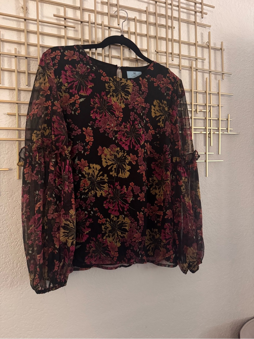 CeCe Black Sheer Blouse with Pink & Gold Floral Print